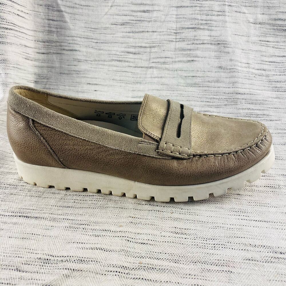 Waldlaufer Lyla Leather Gold‎ Tan Taupe Metallic Slip On Loafer Size 6.5